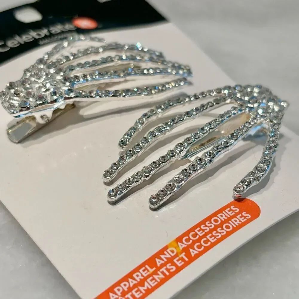 NWT Celebrate It Halloween Skeleton Hands Rhinestone Hair Clips Pair Silver OS